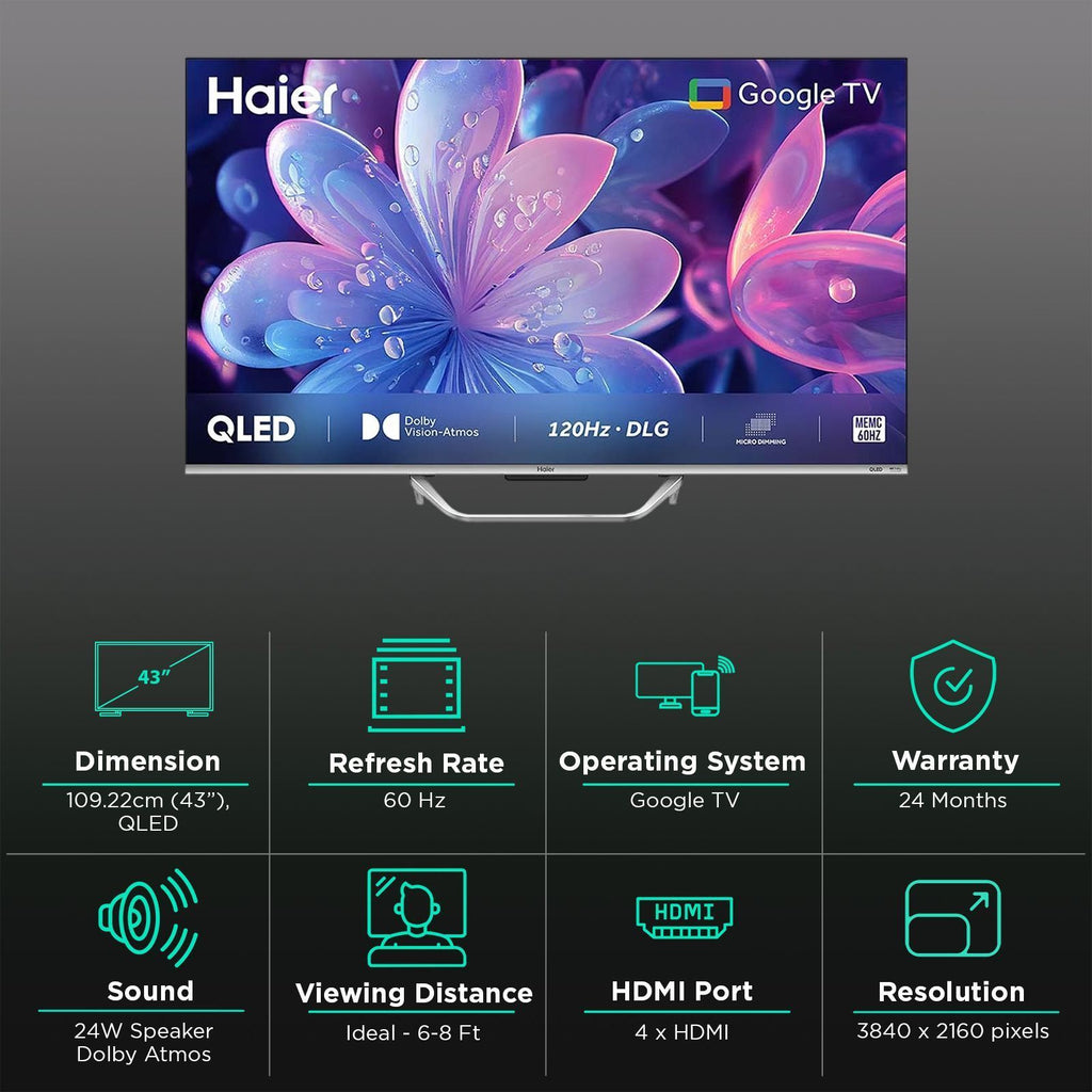 Haier S800QT 109.22 cm (43 inch) 4K Ultra HD QLED Smart Google TV with Dolby Vision & Dolby Atmos (2024 model)