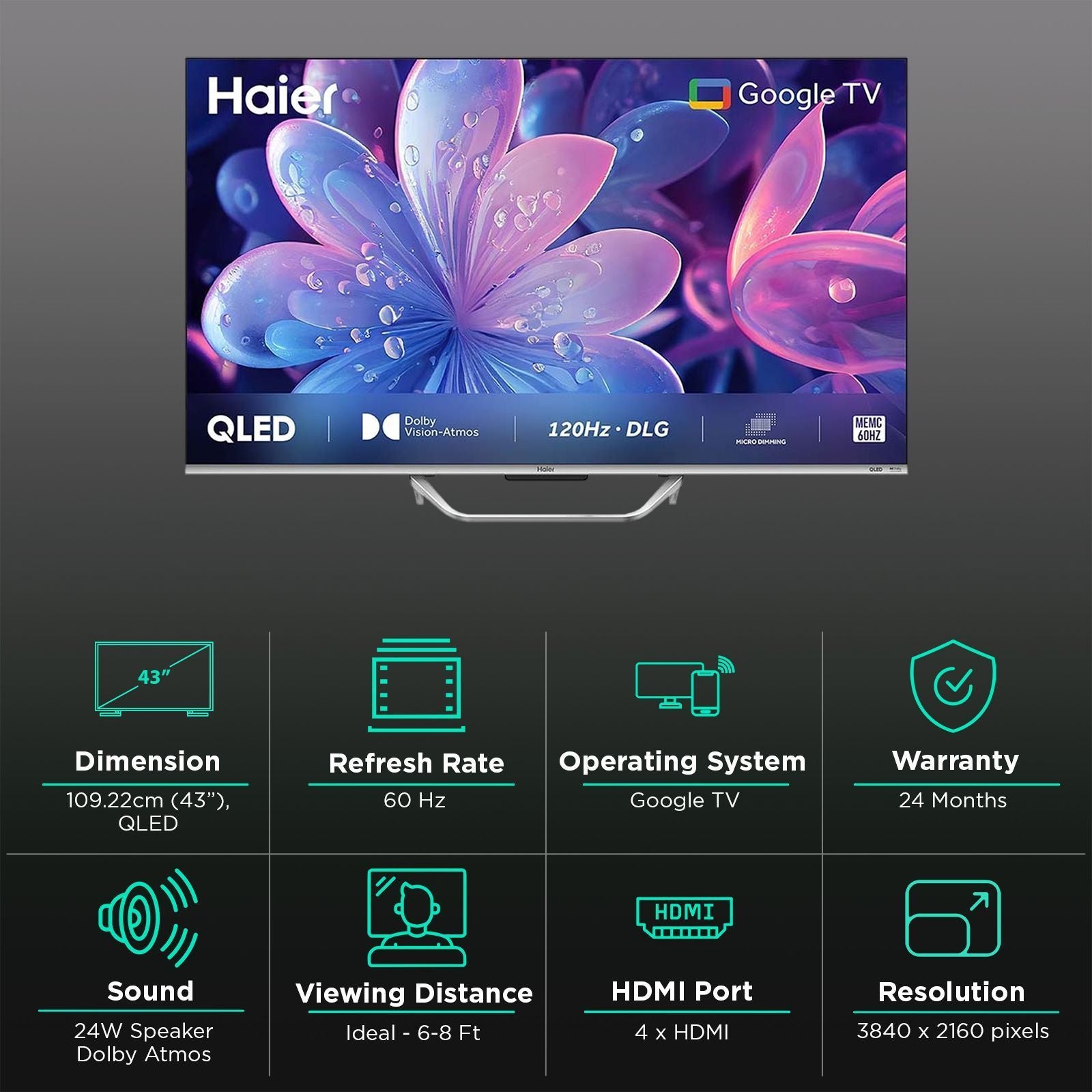 Haier S800QT 109.22 cm (43 inch) 4K Ultra HD QLED Smart Google TV with Dolby Vision & Dolby Atmos (2024 model)