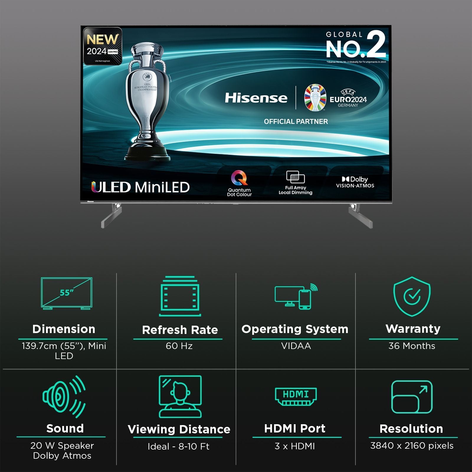 Hisense U6N Pro 139.7 cm (55 inch) 4K Ultra HD Mini LED Smart VIDAA TV with Dolby Vision & Dolby Atmos (2024 model)