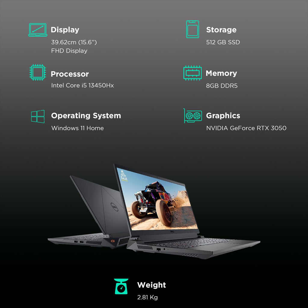 DELL G15 5530 Intel Core i5 13th Gen Gaming Laptop (8GB, 512GB SSD, Windows 11 Home, 6GB Graphics, 15.6 inch 120 Hz Full HD Display, NVIDIA GeForce RTX 3050, MS Office Home & Student 2021, Dark Shadow Gray, 2.81 KG)