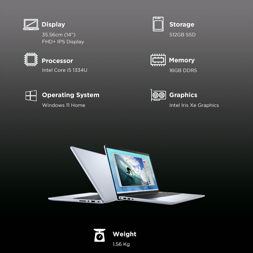 DELL Inspiron 14 5440 Intel Core i5 13th Gen Thin & Light Laptop (16GB, 512GB SSD, Windows 11, 14 inch Full HD IPS Display, MS Office 2021, Ice Blue, 1.54 KG)