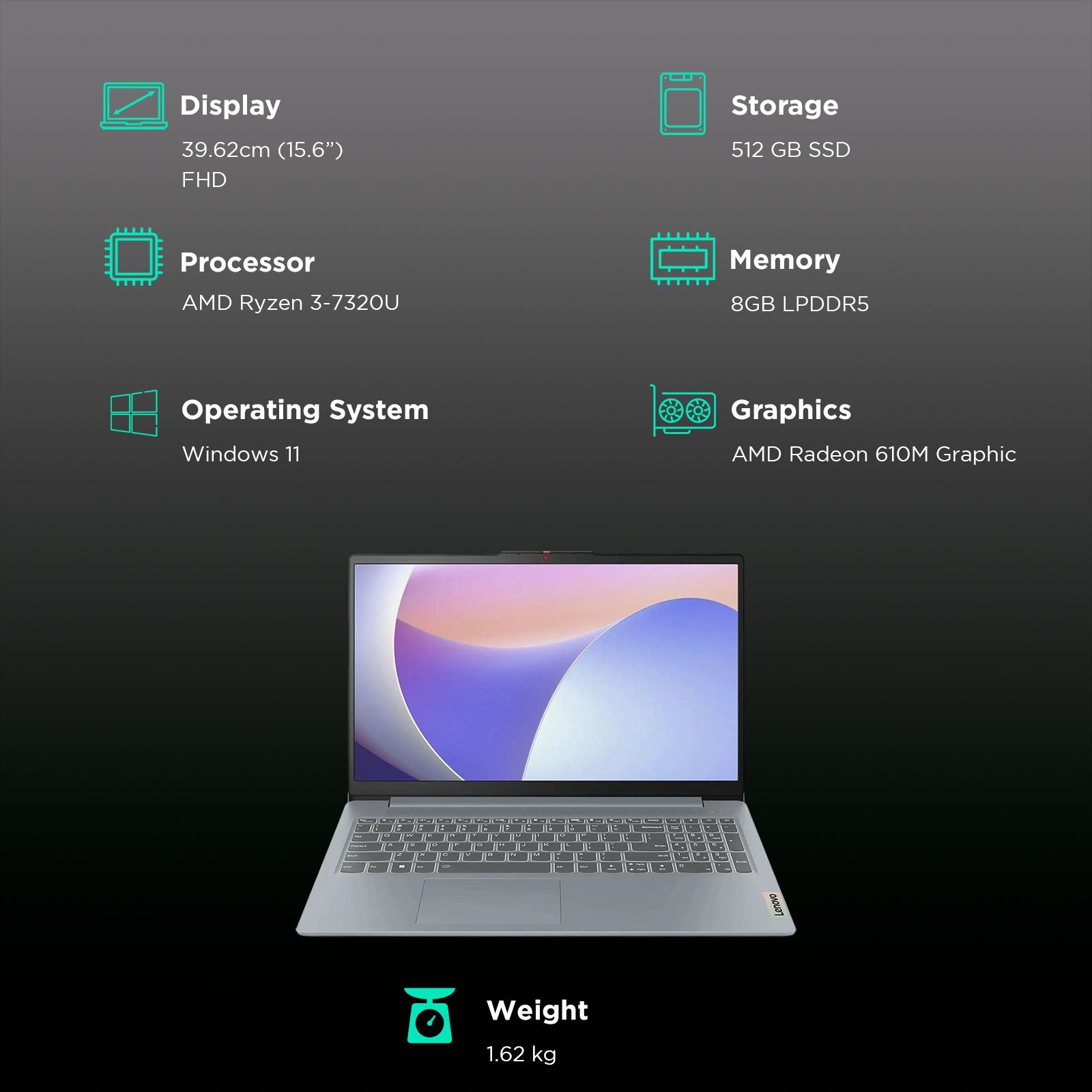 Lenovo IdeaPad Slim 3 15AMN8 AMD Ryzen 3 7320U Thin & Light Laptop (8GB, 512GB SSD, Windows 11 Home, 15.6 inch Full HD Display, MS Office 2024, Arctic Grey, 1.62 KG)