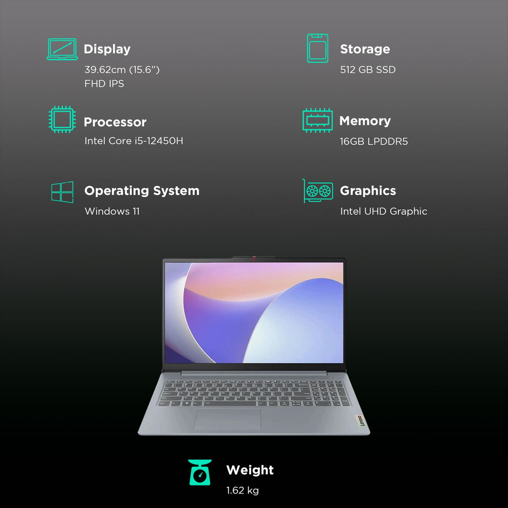 Lenovo IdeaPad Slim 3 15IAH8 Intel Core i5 12th Gen Thin & Light Laptop (16GB, 512GB SSD, Windows 11 Home, 15.6 inch Full HD IPS Display, MS Office 2024, Arctic Grey, 1.62 KG)