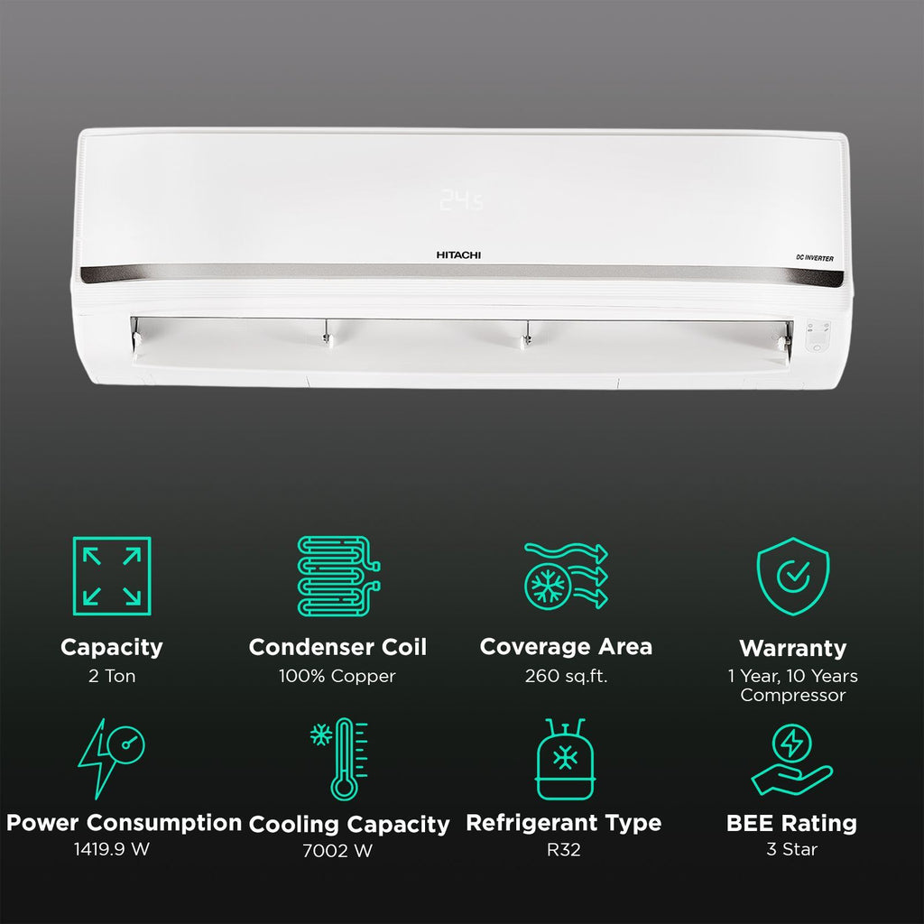 HITACHI iZen 3400SXL 2 Ton 3 Star Inverter Split AC with Anti Bacterial Super Fine Mesh Filter (Copper Condenser, RAS.G324PCCISS)