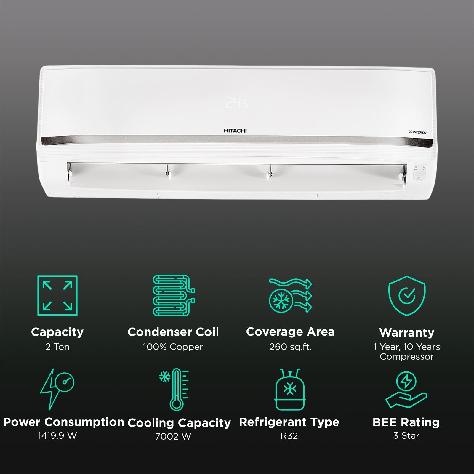 HITACHI iZen 3400SXL 2 Ton 3 Star Inverter Split AC with Anti Bacterial Super Fine Mesh Filter (Copper Condenser, RAS.G324PCCISS)