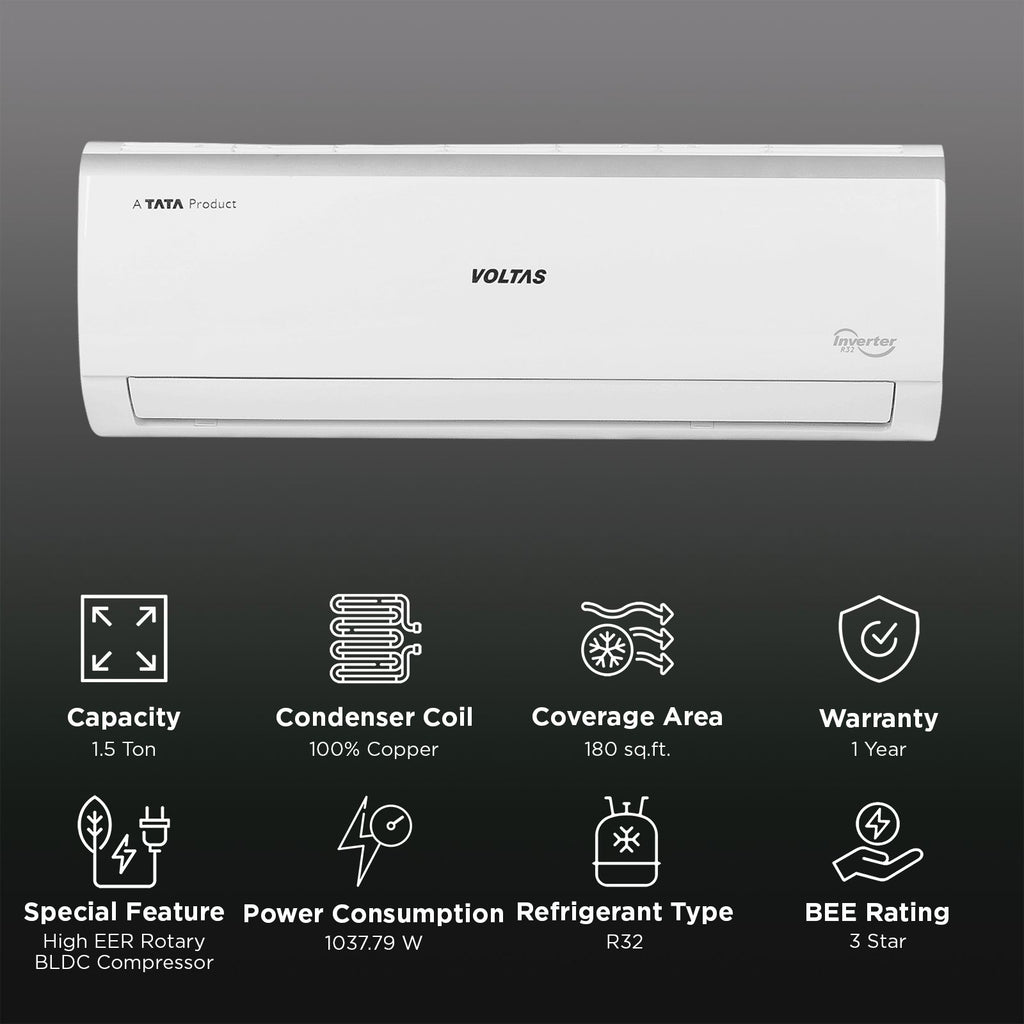 VOLTAS 183V Vertis Elite Marvel-1 Convertible 1.5 Ton 3 Star Inverter Split AC with Ice Wash Technology (2025 Model, Copper Condenser, 4503823)