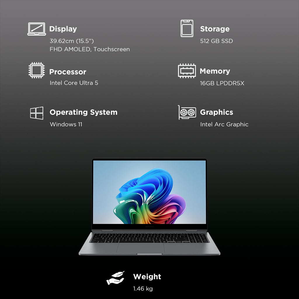 SAMSUNG Galaxy Book5 360 Intel Core Ultra 5 Touchscreen Thin & Light Laptop (16GB, 512GB SSD, Windows 11 Home, 8GB Graphics, 15.6 inch FHD AMOLED Display, MS Office 2021, Gray, 1.46 KG)