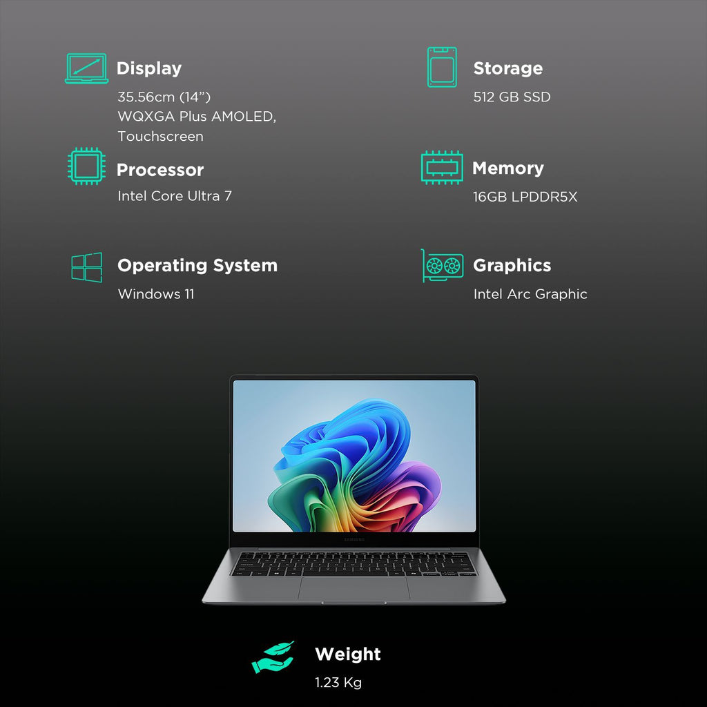 SAMSUNG Galaxy Book5 Pro Intel Core Ultra 7 Touchscreen Thin & Light Laptop (16GB, 512GB SSD, Windows 11 Home, 8GB Graphics, 14 inch WQXGA Plus AMOLED Display, MS Office 2021, Gray, 1.23 KG)