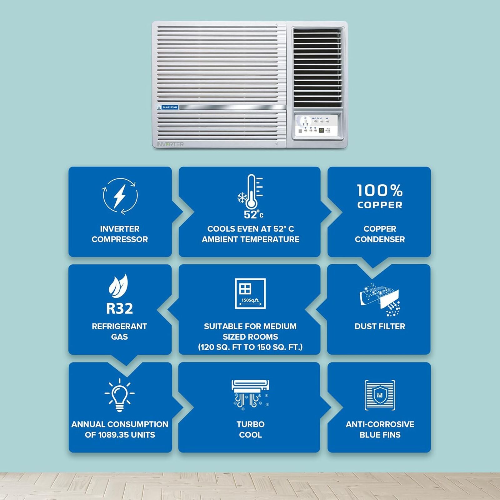 Blue Star L SERIES 1.5 Ton 5 Star Inverter Window AC (2025 Model, Copper Condenser, Dust Filters, WIE518L)