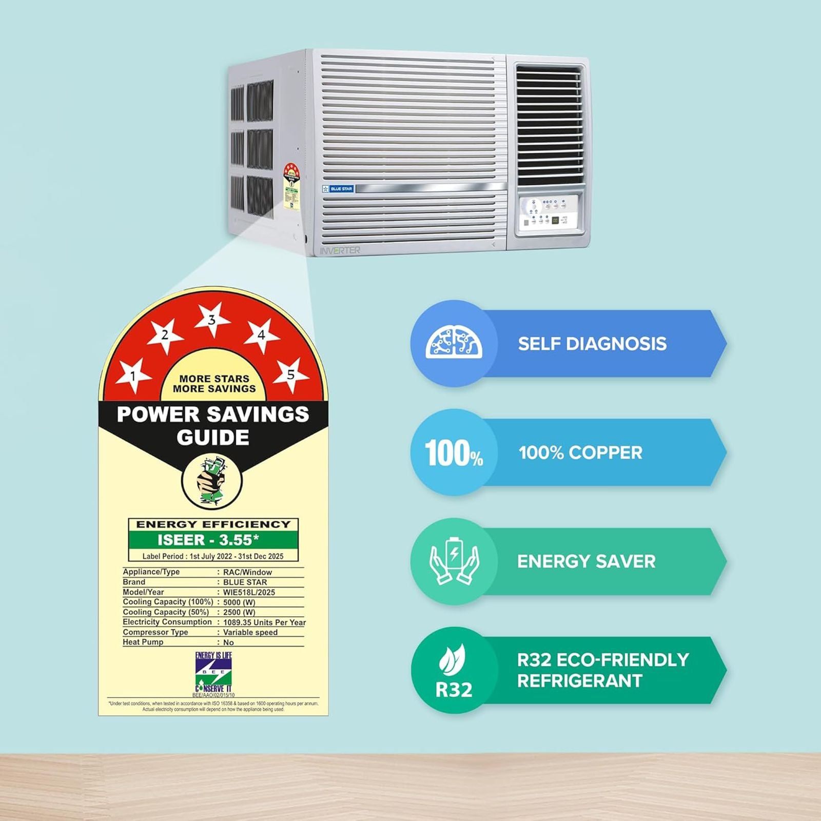 Blue Star L SERIES 1.5 Ton 5 Star Inverter Window AC (2025 Model, Copper Condenser, Dust Filters, WIE518L)