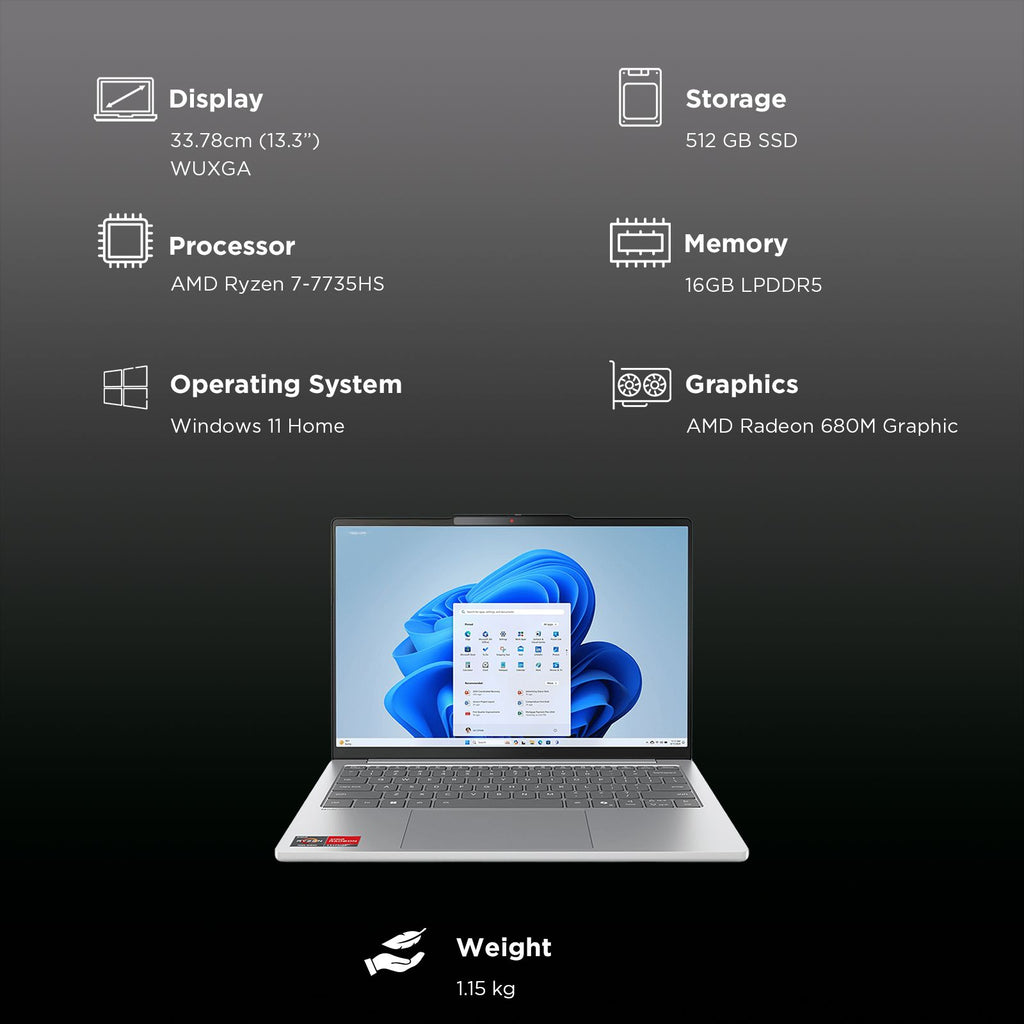 Lenovo IdeaPad Slim 5 13ARP10 AMD Ryzen 7 Thin & Light Laptop (16GB, 512GB SSD, Windows 11 Home, 13.3 inch WUXGA IPS Display, MS Office Home 2024, Cloud Grey, 1.15 KG)