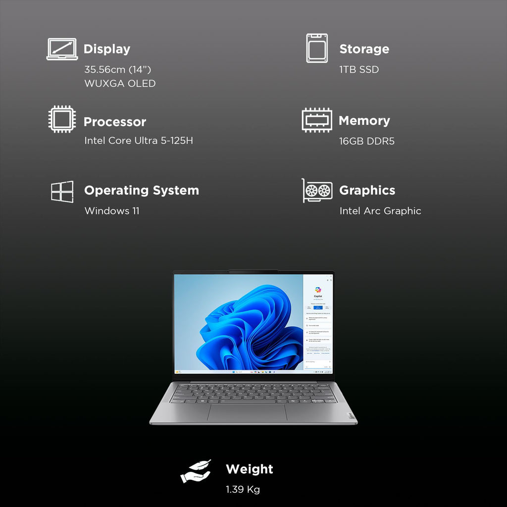 Lenovo Yoga Slim 7 14IMH9 Intel Core Ultra 5 Laptop (16GB, 1TB SSD, Windows 11 Home, 14 inch WUXGA OLED Display, MS Office 2024, Luna Grey, 1.39 KG)