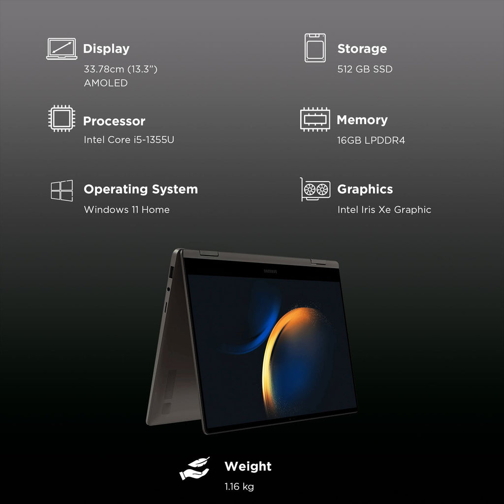 SAMSUNG Galaxy Book3 360 Intel Evo Core i5 13th Gen 2-in-1 Laptop (16GB, 512GB SSD, Windows 11 Home, 13.3 inch Full HD Super AMOLED Display, MS Office 2024, Graphite Grey, 1.16 KG)