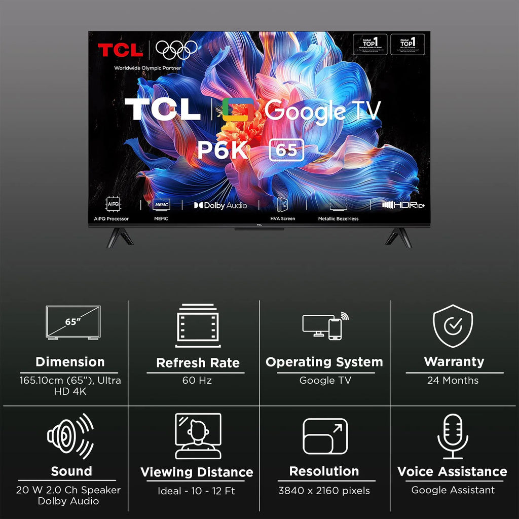 TCL P6K 165.1 cm (65 inch) 4K Ultra HD LED Smart Google TV with Google Voice Assistant,65P6K