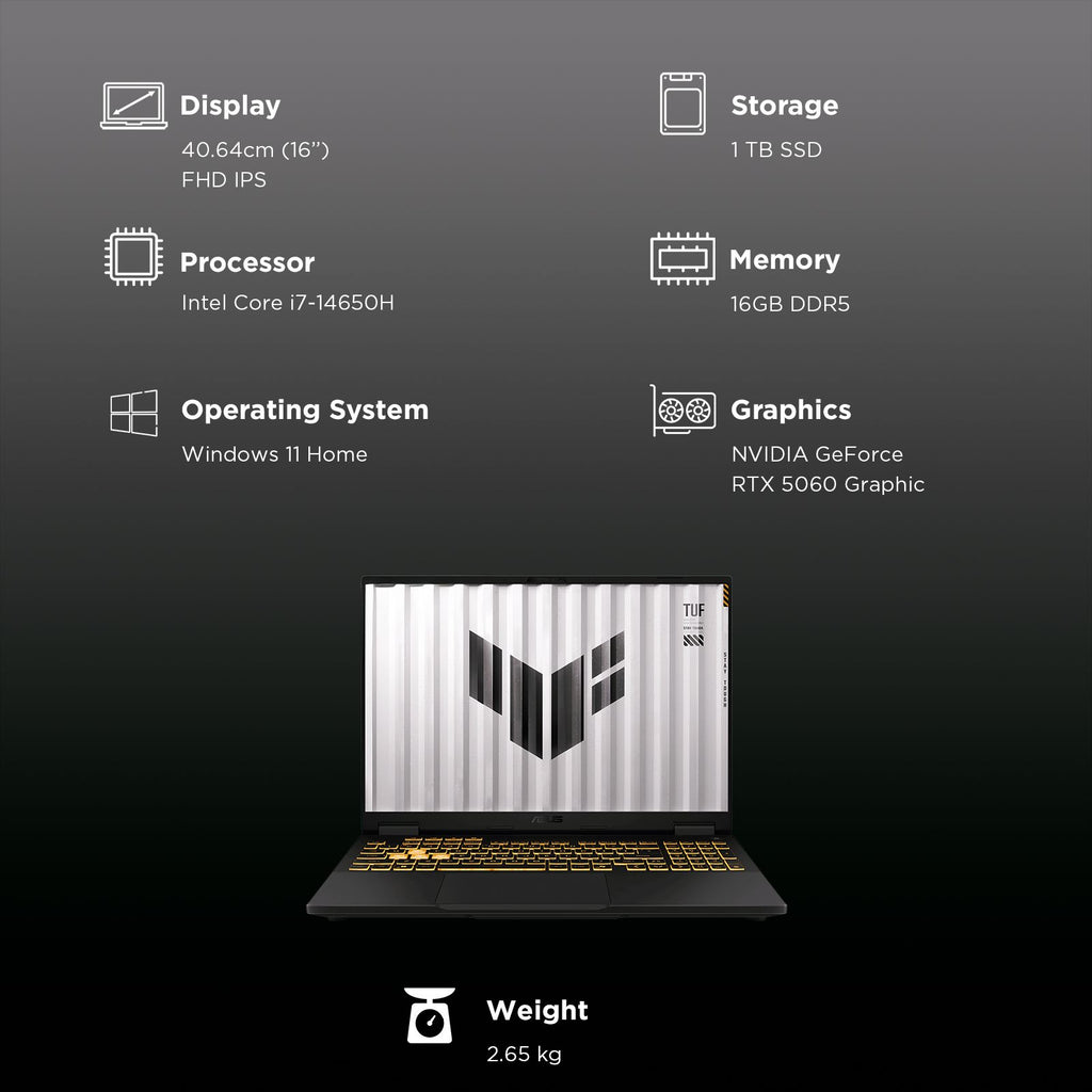ASUS TUF F16 FX608JMR-RV049WS Intel Core i7 14th Generation Gaming Laptop (16GB, 1TB SSD, Windows 11 Home, 8GB Graphics, 16 inch 165 Hz Full HD IPS Display, NVIDIA GeForce RTX 5060, MS Office Home 2024, Jaeger Gray, 2.20 KG)