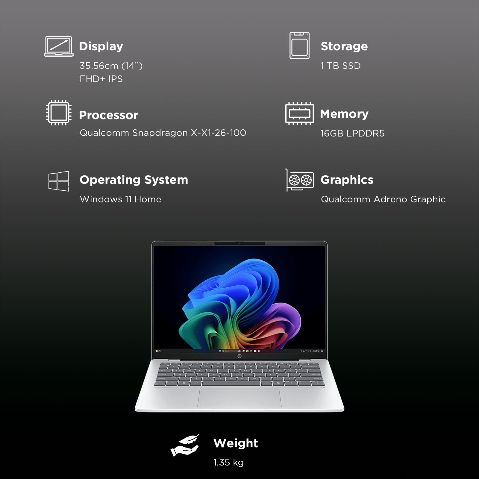 HP OmniBook 5 14-he0015QU Qualcomm Snapdragon X Thing & Light Laptop (16GB, 1TB SSD, Windows 11 Home, 14 inch 2K OLED Display, MS Office Home 2024, Glacier Silver, 1.35 KG)