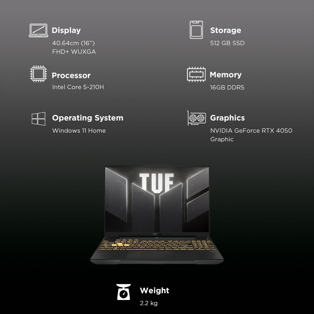 ASUS TUF F16 FX677VU-RL055WS Intel Core 5 Gaming Laptop (16GB, 512GB SSD, Windows 11 Home, 6GB Graphics, 16 inch 144 Hz FHD+ WUXGA Display, NVIDIA GeForce RTX 4050, MS Office Home 2024, Mecha Gray, 2.20 KG)