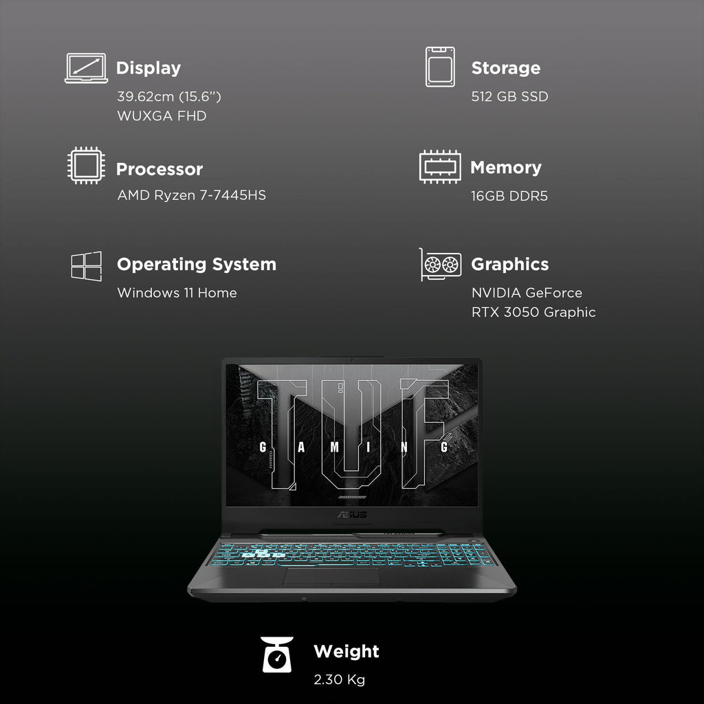 ASUS TUF FA506NCG-HN200WS AMD Ryzen 7 Gaming Laptop (16GB, 512GB SSD, Windows 11 Home, 4GB Graphics, 15.6 inch 144 Hz WUXGA Full HD Display, NVIDIA GeForce RTX 3050, MS Office Home 2024, Graphite Black, 2.3 KG)