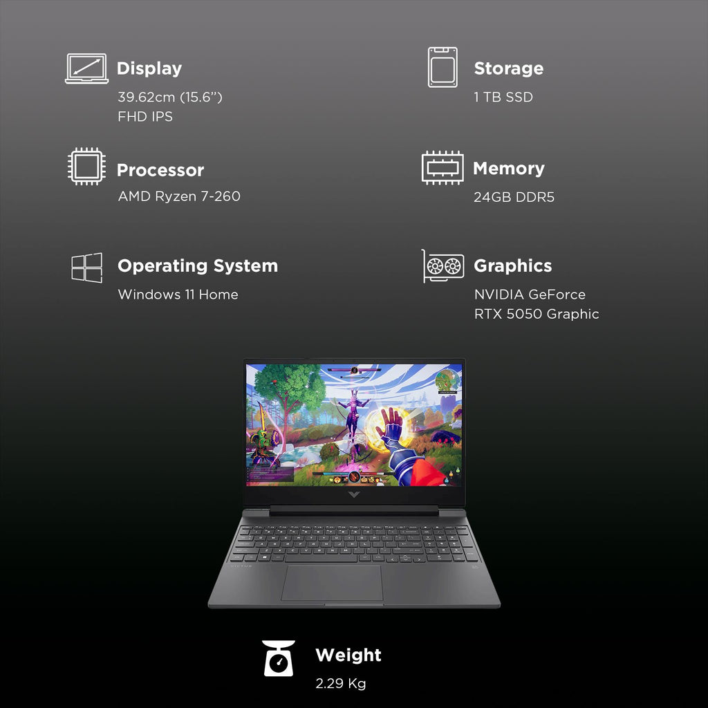 HP Victus 15-fb3185AX AMD Ryzen 7 Gaming Laptop (24GB, 1TB SSD, Windows 11 Home, 8GB Graphics, 15.6 inch 144 Hz Full HD IPS Display, NVIDIA GeForce RTX 5050, MS Office Home 2024, Mica Silver, 2.29 KG)