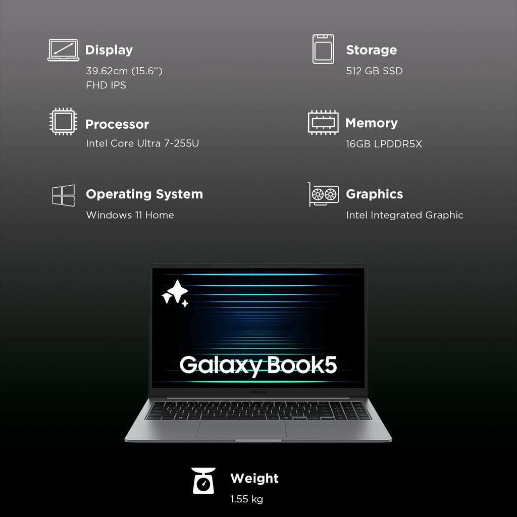 SAMSUNG Galaxy Book5 Intel Core Ultra 7 Thin & Light Laptop (16GB, 512GB SSD, Windows 11 Home, 15.6 inch Full HD IPS Display, MS Office Home 2024, Gray, 1.55 KG)