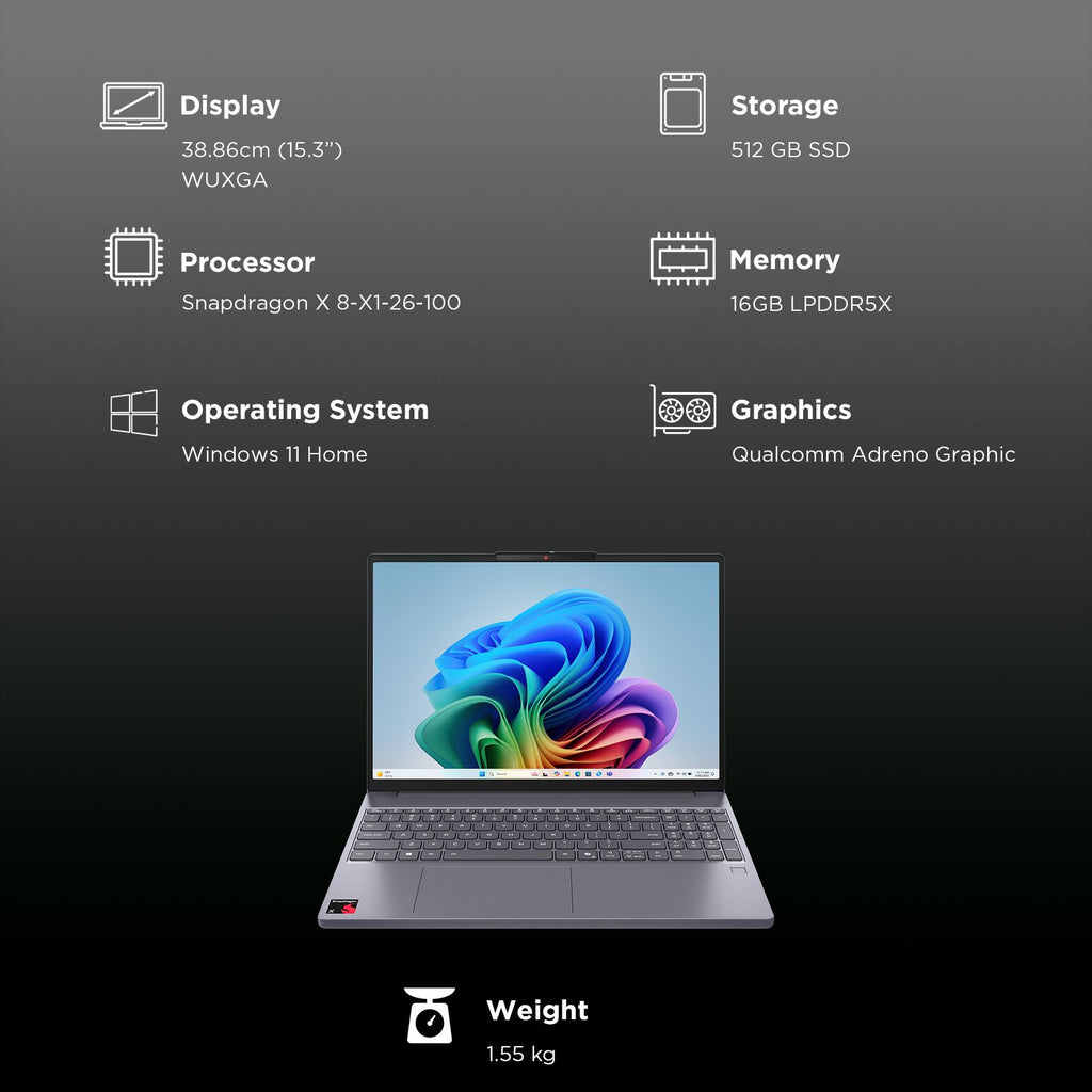 Lenovo IdeaPad Slim 3 15Q8X10 Qualcomm Snapdragon X Thin & Light Laptop (16GB, 512GB SSD, Windows 11 Home, 15.3 inch WUXGA Display, MS Office Home 2024, Luna Grey, 1.55 KG)