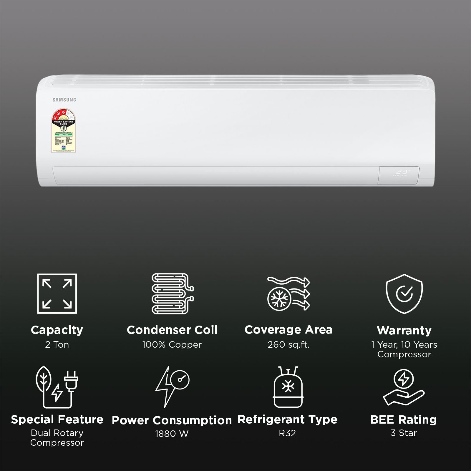 SAMSUNG AR50 5 in 1 Convertible 2 Ton 3 Star Inverter Split Smart AC with 4 Way Swing (2026 Model, Copper Condenser, AR50H24D1XH)