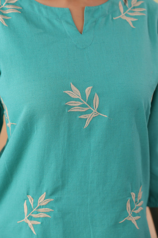 Teal Minimal Embroidered Leaf Motif Cotton Flex Co-ord Set