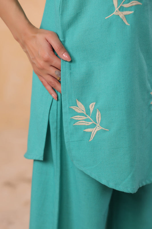 Teal Minimal Embroidered Leaf Motif Cotton Flex Co-ord Set