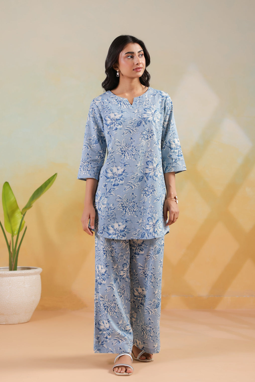 Blue Bloom Printed Cotton Flex Straight Fit Co-ord Set