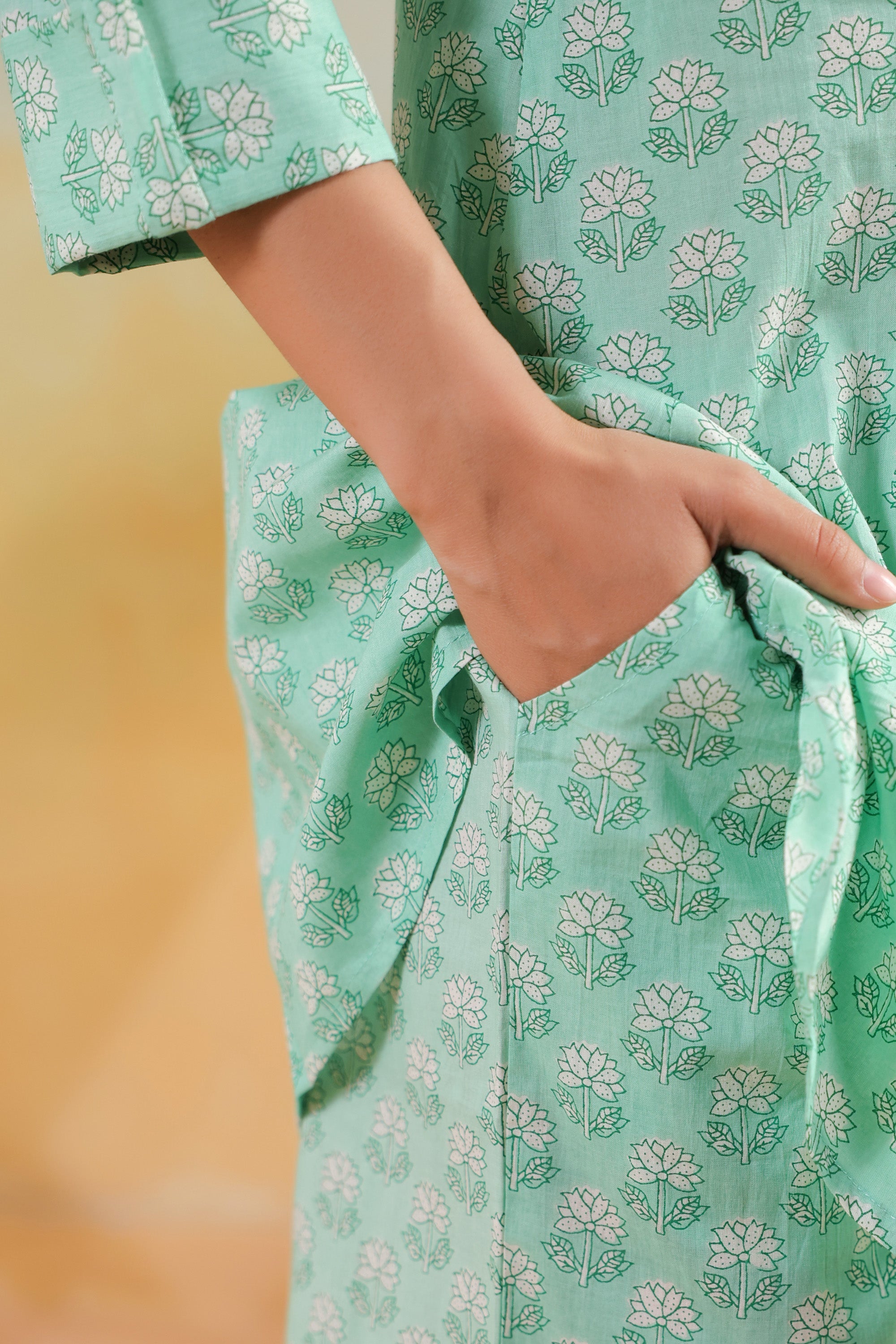Green Floral Blossom Printed Regular Fit Cotton Co-ord Set