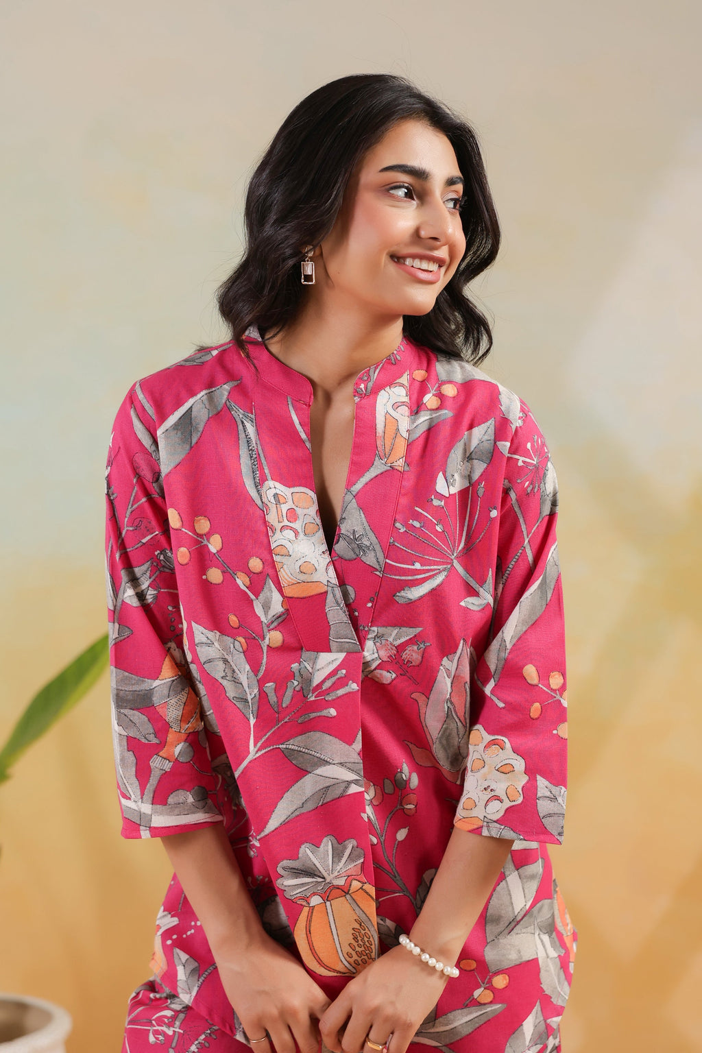 Pink Tropical Leaf Printed Cotton Flex Regular Fit Co-ord Set