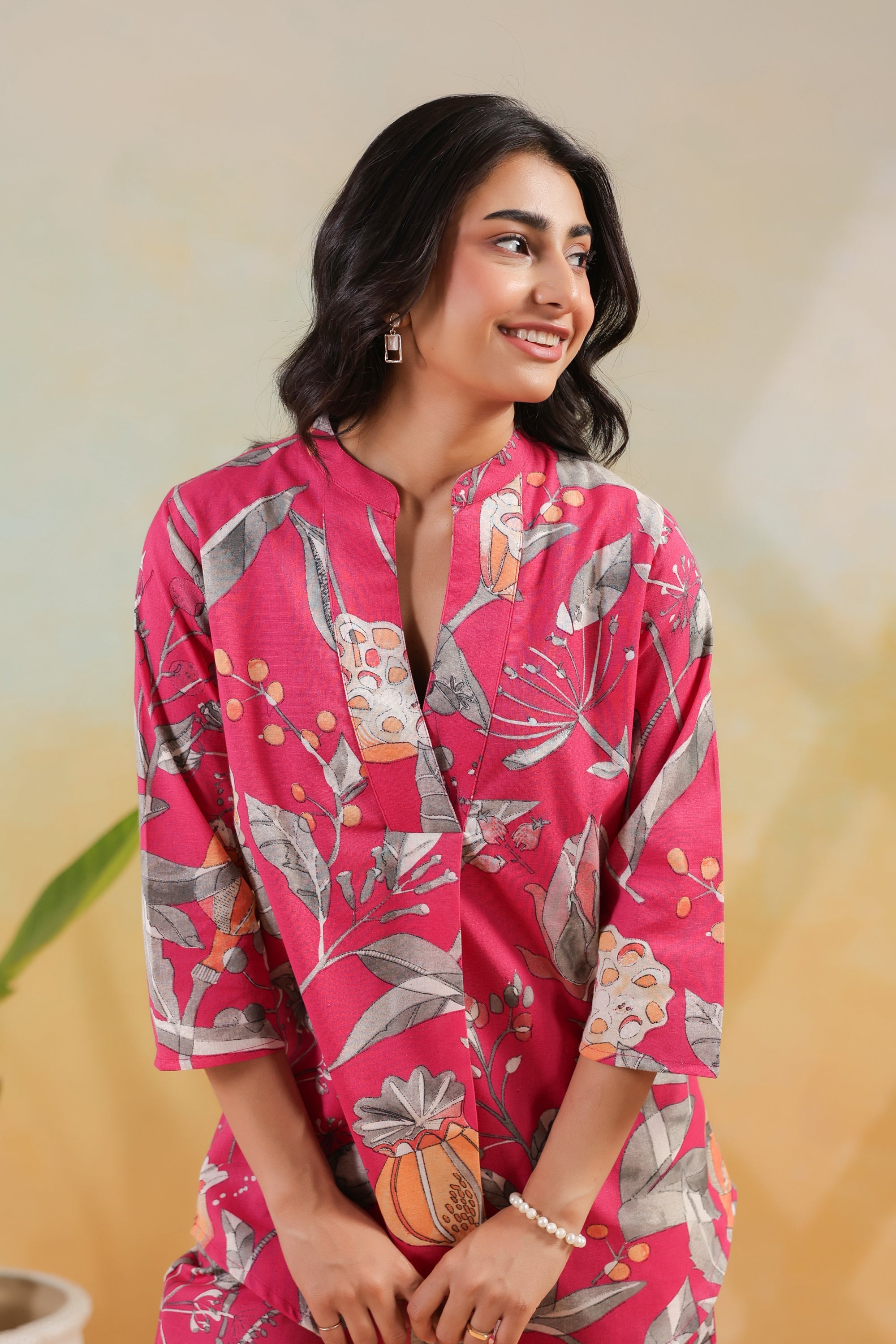 Pink Tropical Leaf Printed Cotton Flex Regular Fit Co-ord Set
