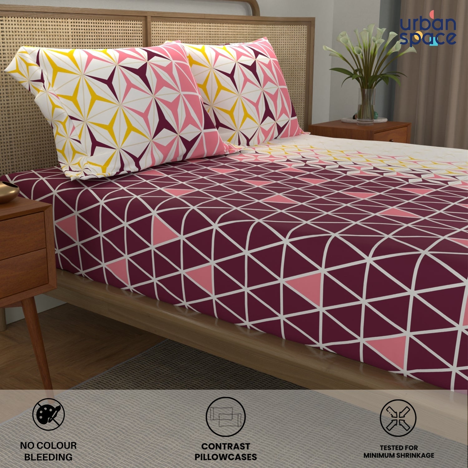Divine Collection - Cotton Bedsheet With 2 Pillow Covers, Geometric Maroon