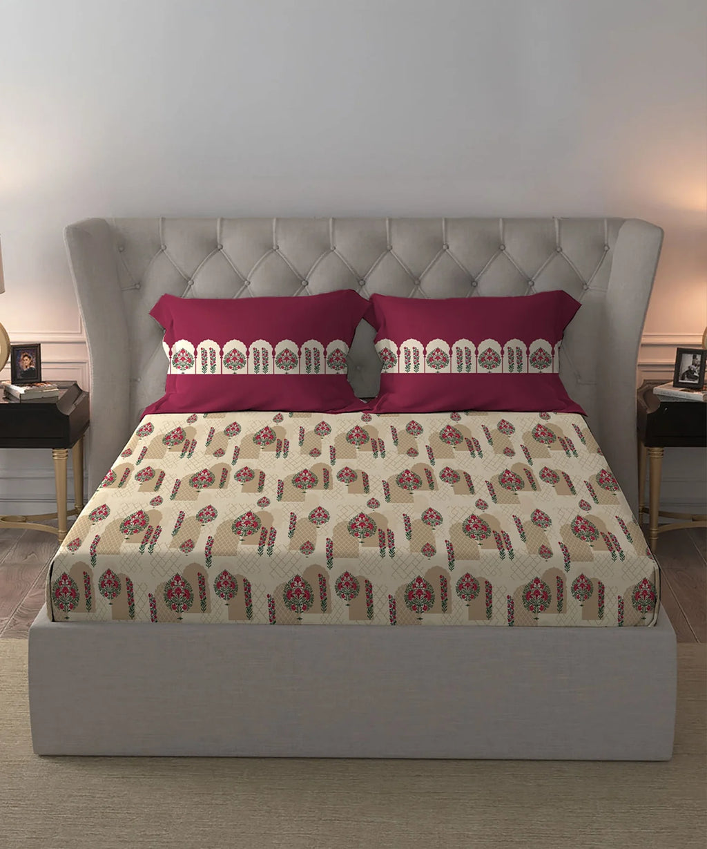 Celebration Queen Bedsheet Set, Ruhani Majenta | 144 TC Cotton| 2 Pillow Covers