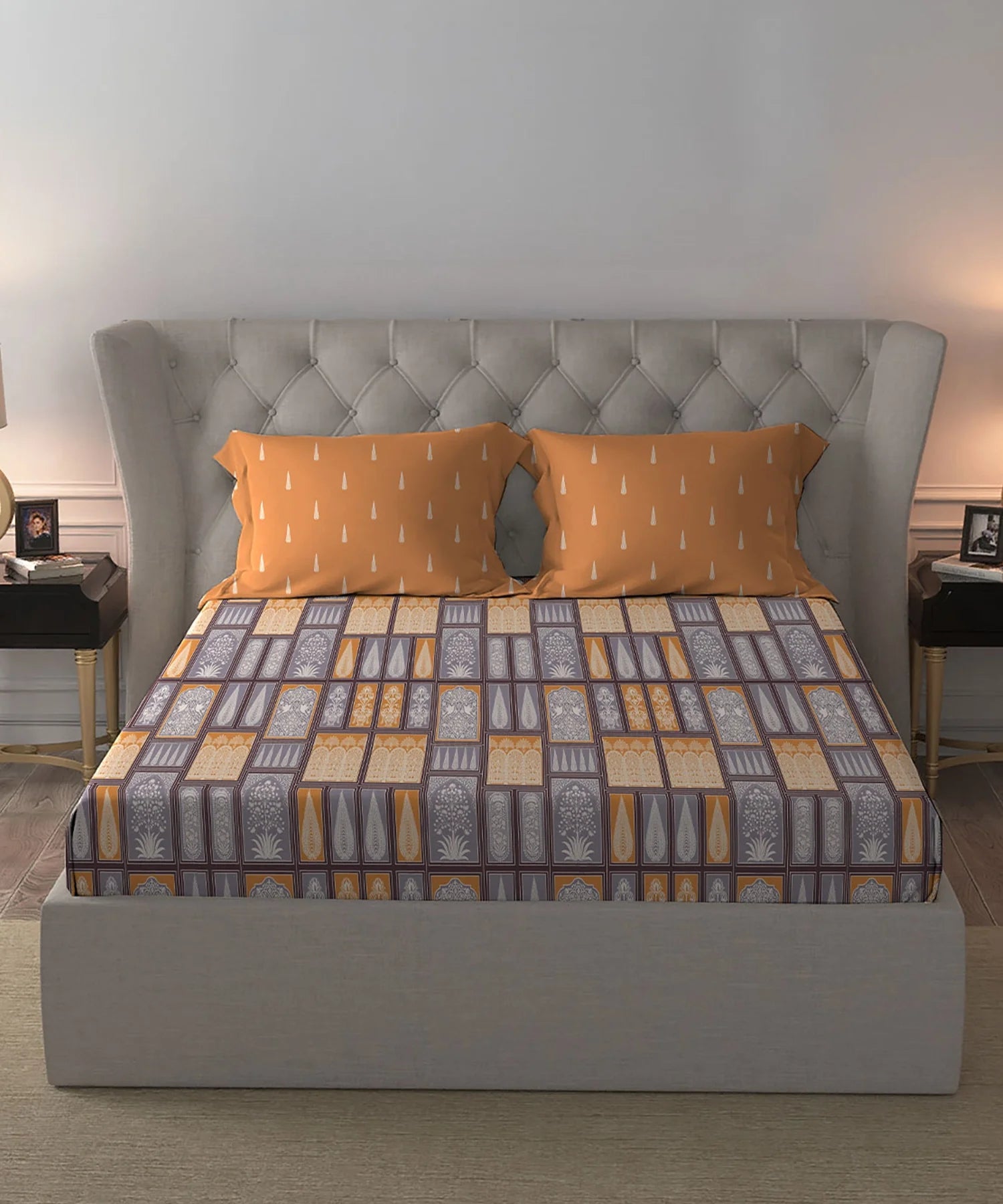 Celebration Queen Bedsheet Set, Gharana Grey | 144 TC Cotton| 2 Pillow Covers