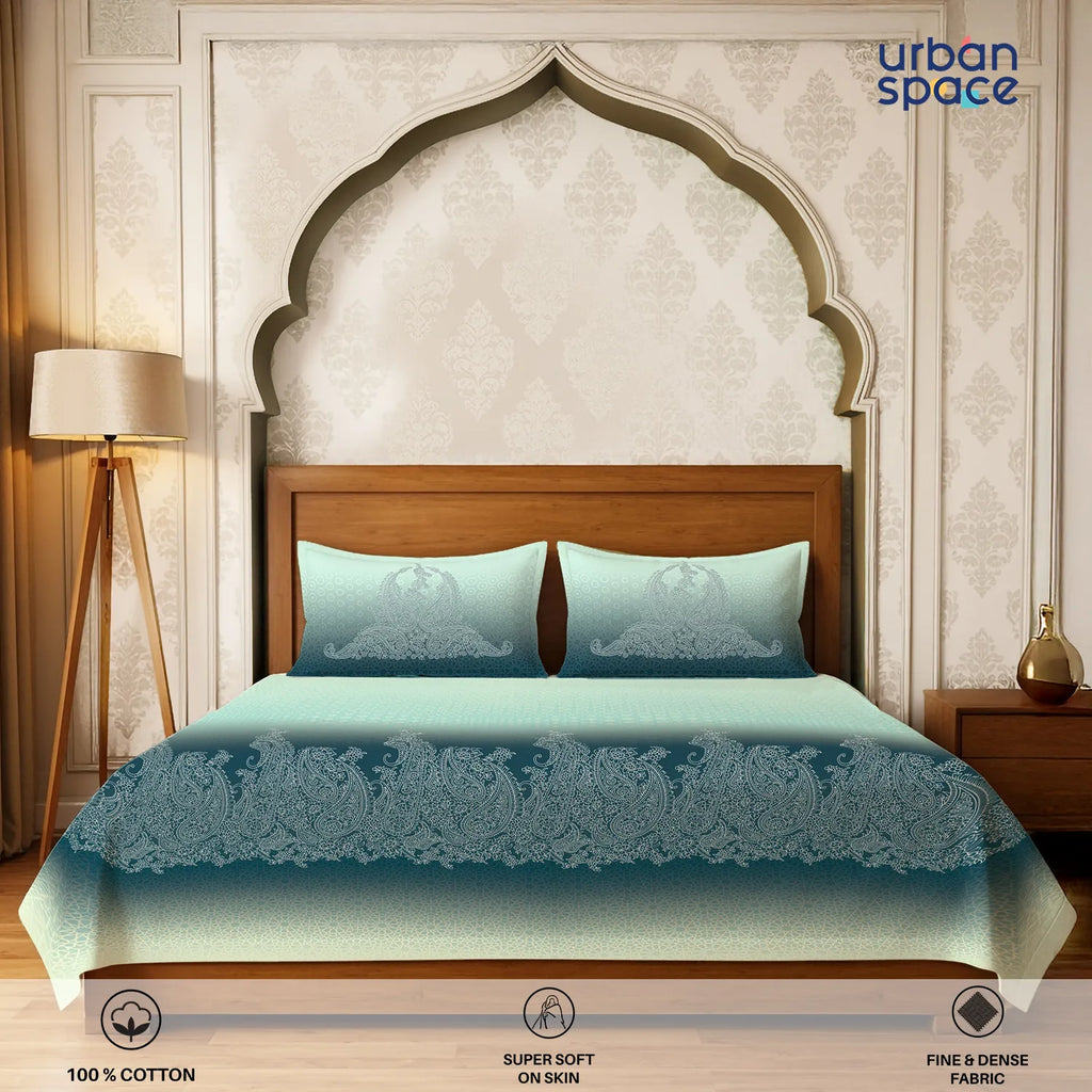 Serene 300 TC 100% Cotton Bedsheet with Pillow Covers, Panel Design - Ruhani Turquoise