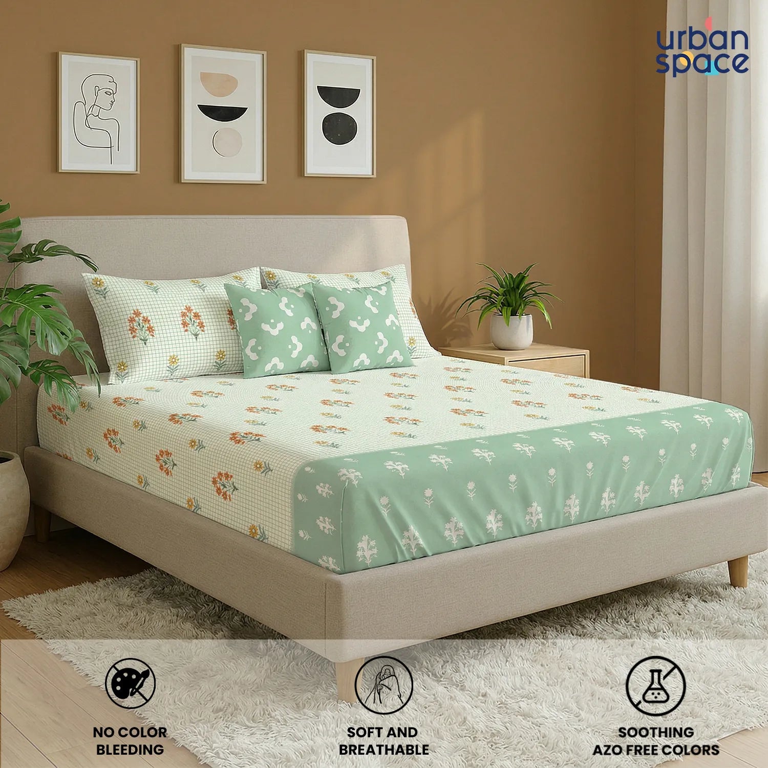 5 PC Cotton Double Bedsheet Set with 2 Pillow + 2 Cushion Covers - Magnolia Sage Green