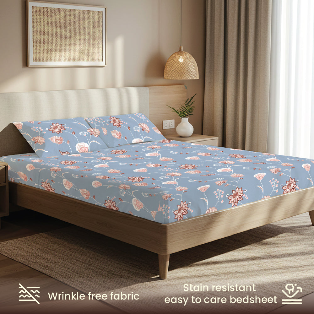 200 TC Glaced Cotton Microfiber Bedsheet with Pillow Covers - Orient Flowers