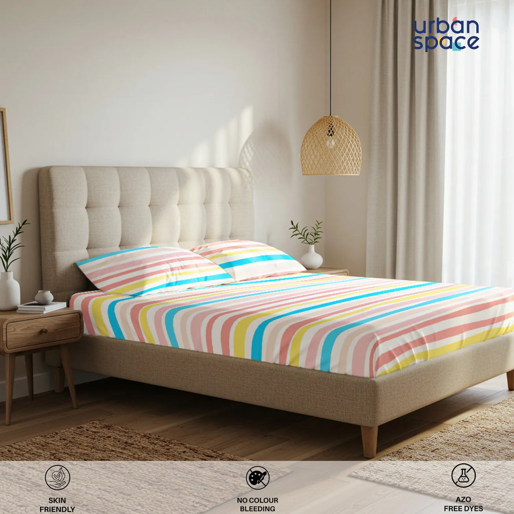 Serene Collection - Breathable 200 TC 100% Pure Cotton Bedsheet with Pillow Cover, MultiColour Stripes-Pastel