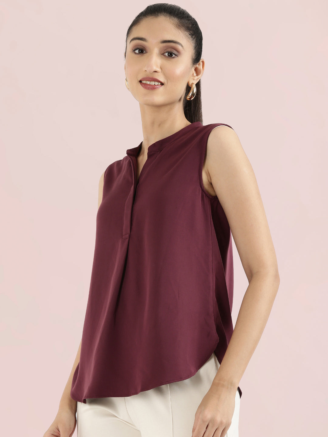 Rayon Mandarin Collar Sleeveless Top