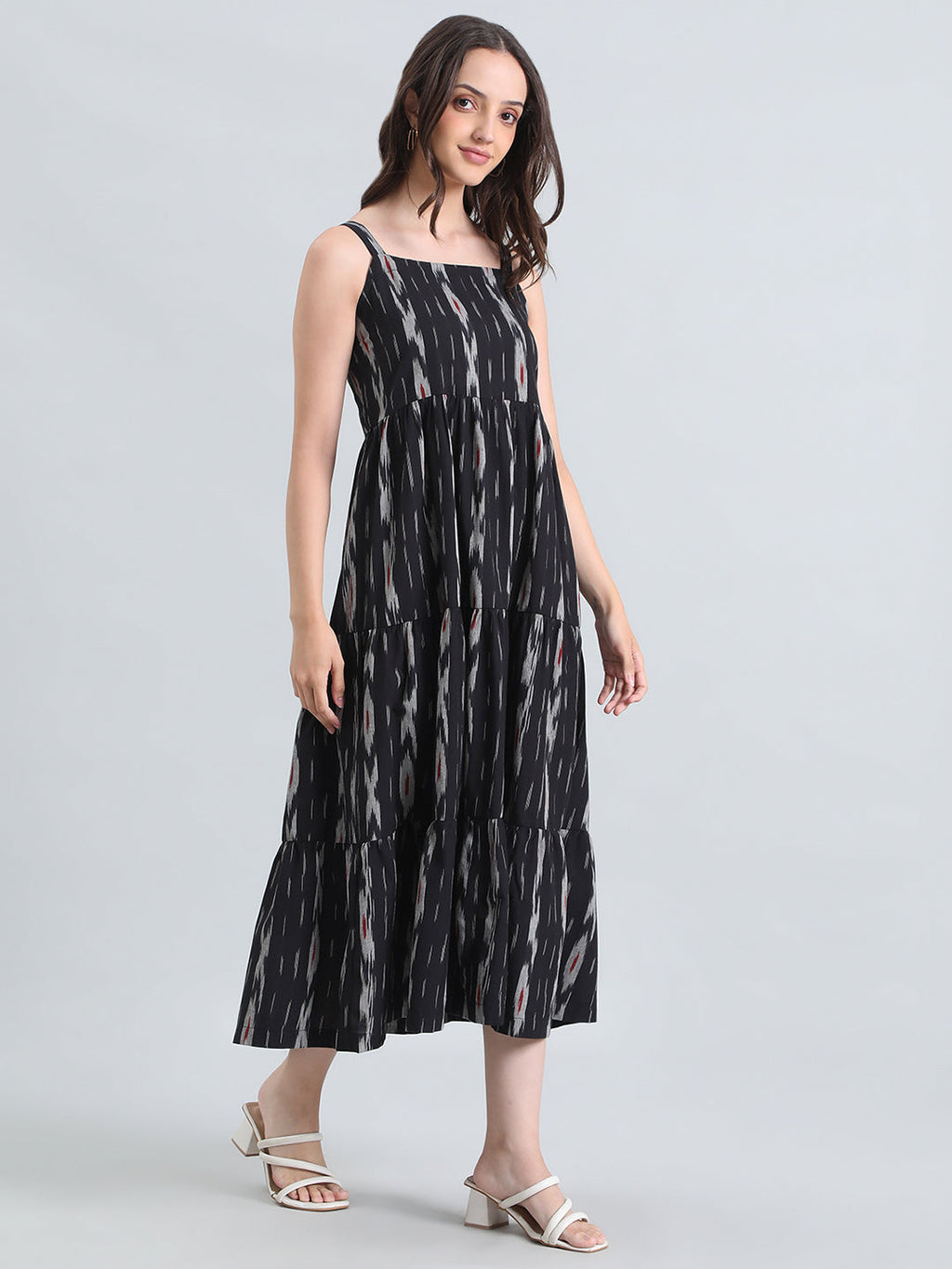 Ikat Print Cotton Smocked Back Tiered Dress