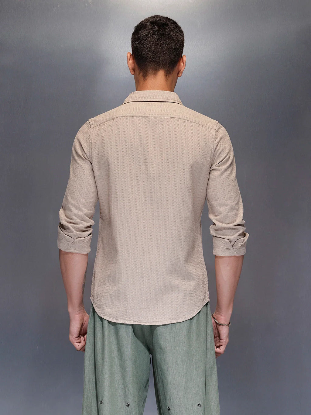 Men's textured full sleeve shirt with subtle pattern | Beige