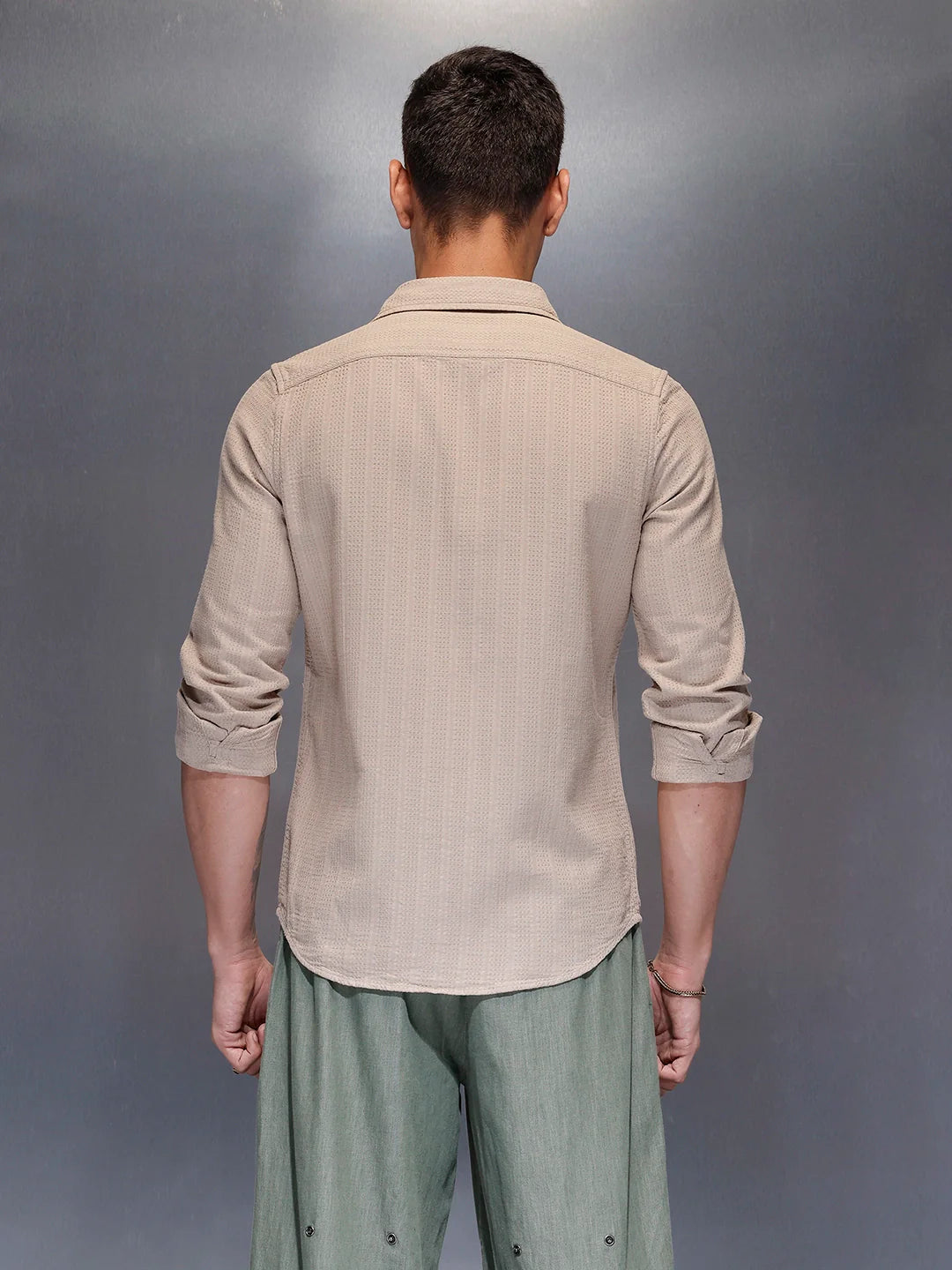 Men's textured full sleeve shirt with subtle pattern | Beige