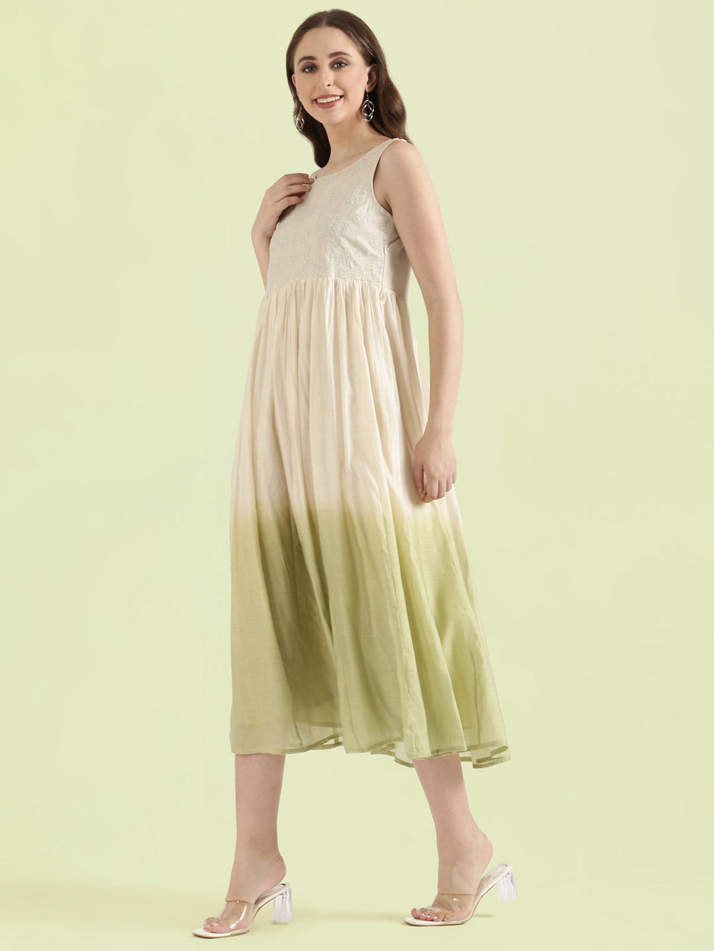 Chanderi Lotus Embroidered Ombre Dip-Dye Gathered Dress