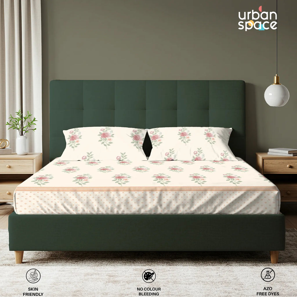 Serene 200 TC 100% Cotton Bedsheet with Pillow Covers - Vintage Rose Buttercream
