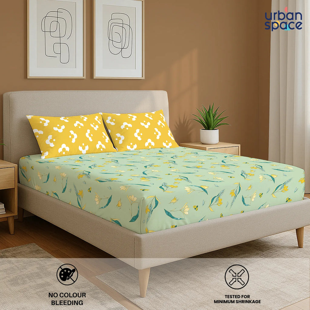 Divine Collection - Cotton Bedsheet With 2 Pillow Covers, Sprinkle Soft Green