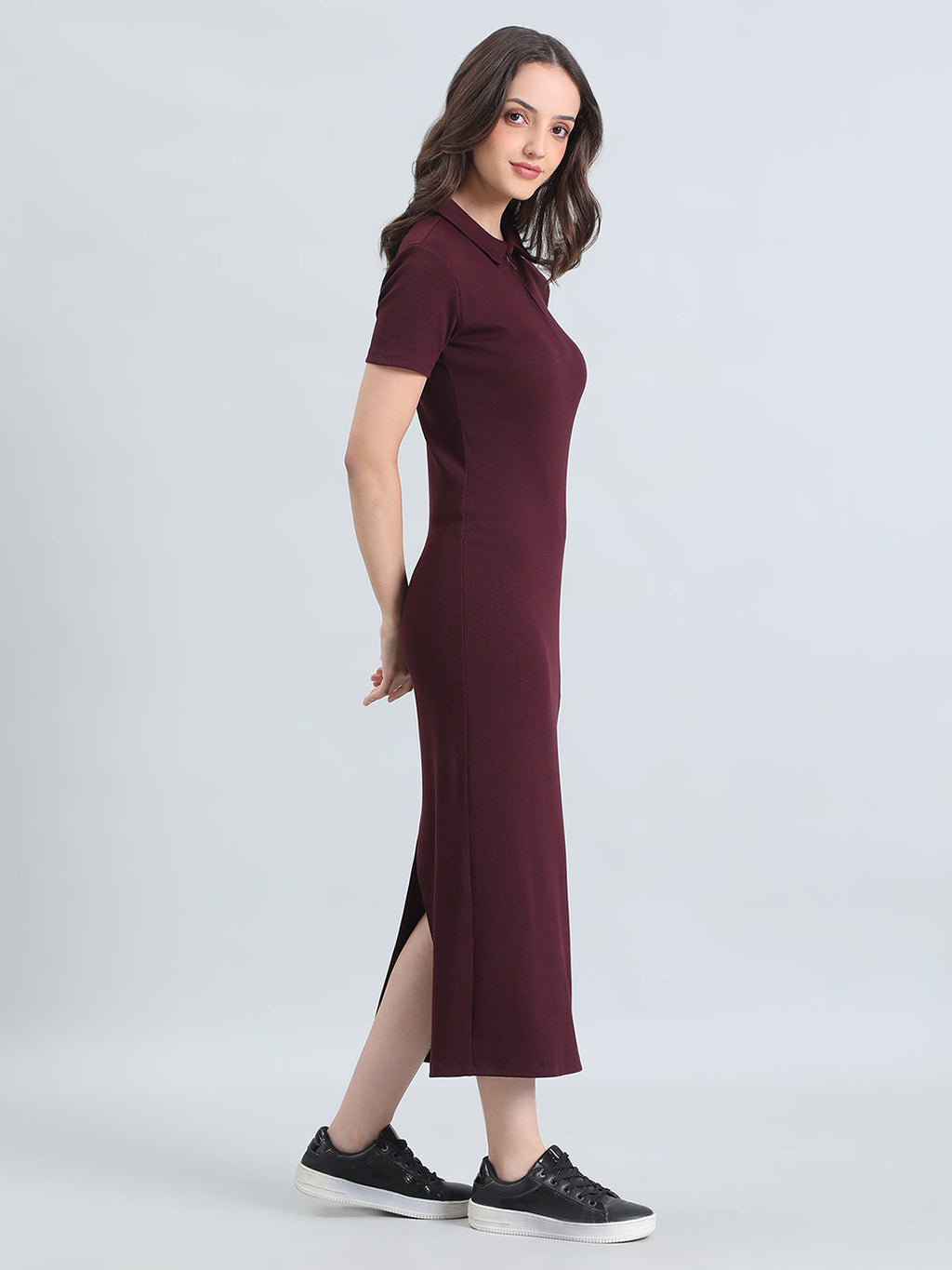 Rib Cotton Slim Fit Polo Neck Long Dress