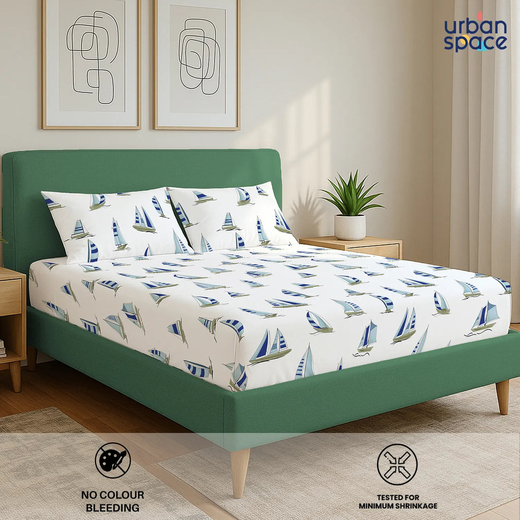 Divine Collection - Cotton Bedsheet With 2 Pillow Covers, Ocean Boats Blue