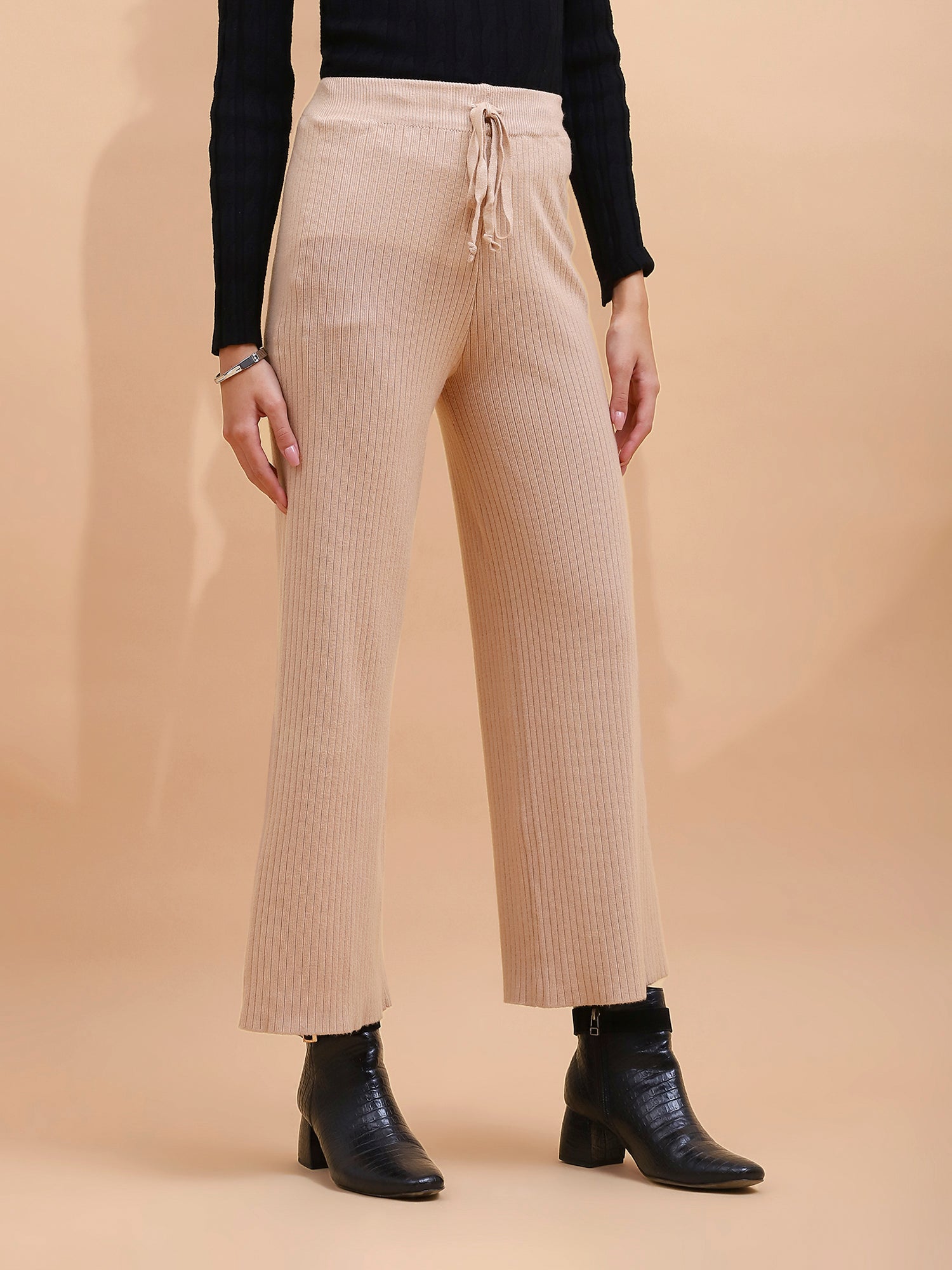 Beige Viscose Blend Solid Lower