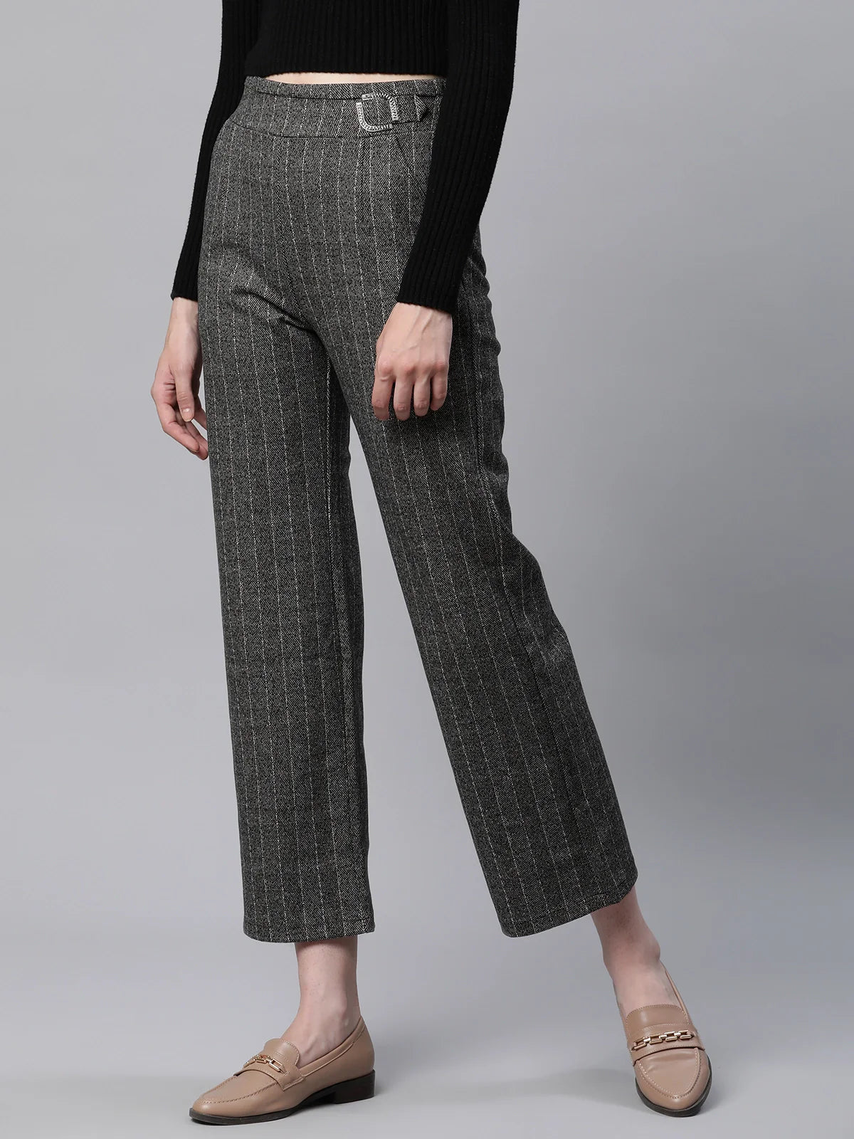 Grey Striped High Waist Straight Trousers